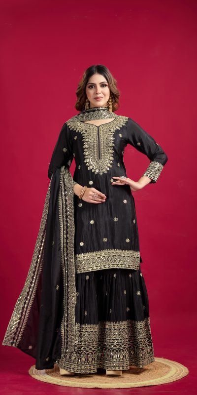 Graceful Black Color Chinnon Silk With Embroidery Work Sharara Suit