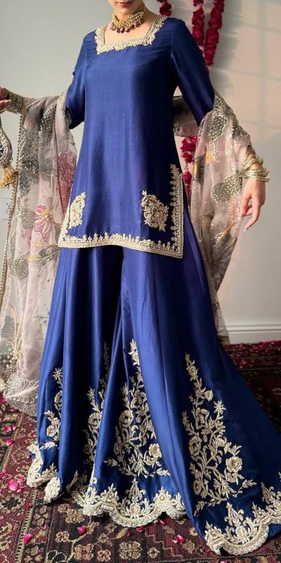 Graceful Blue Color Chinnon Silk With Embroidery Work Sharara Suit