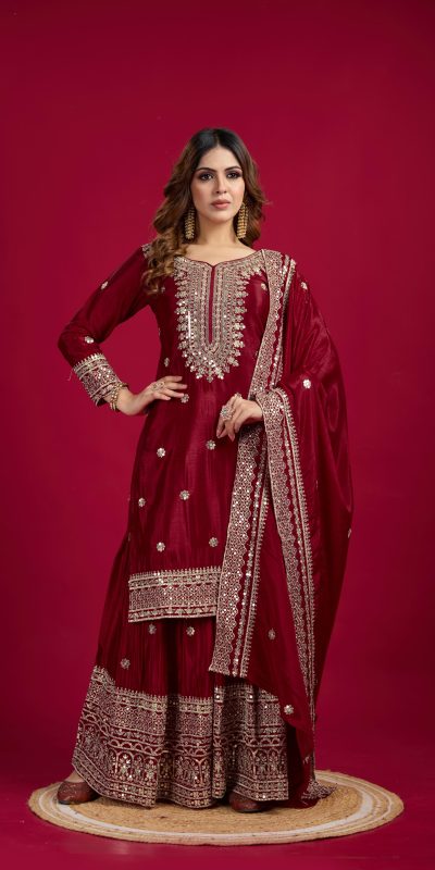 Graceful Marron Color Chinnon Silk With Embroidery Work Sharara Suit