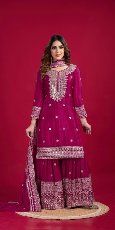 Graceful Pink Color Chinnon Silk With Embroidery Work Sharara Suit
