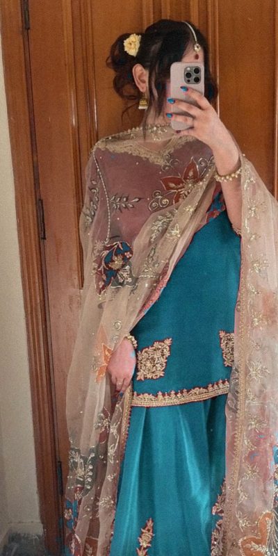 Graceful Sky Blue Color Chinnon Silk With Embroidery Work Sharara Suit