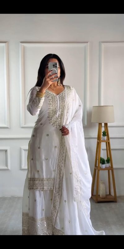 Graceful White Color Chinnon Silk With Embroidery Work Sharara Suit