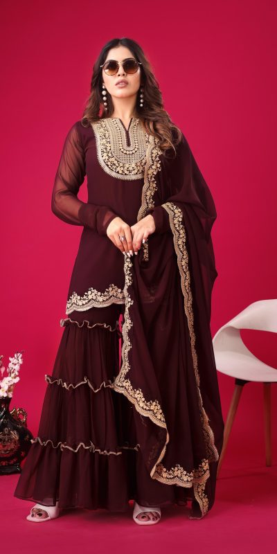 Magical Maroon Color Faux Georgette With Heavy Embroidery Sequence Work Salwar Suit
