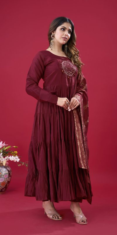 Magical Maroon Color Roman Silk With Embroidery Sequence Work Anarkali Gown