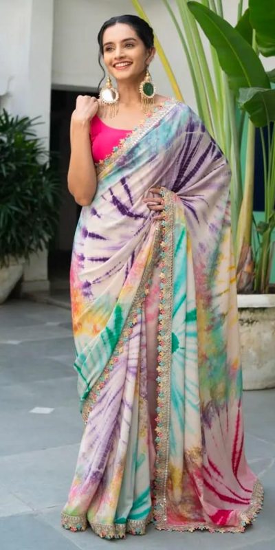 Mixed Multi color Chinon fabric Embroidery Coding Sequins Lace Saree