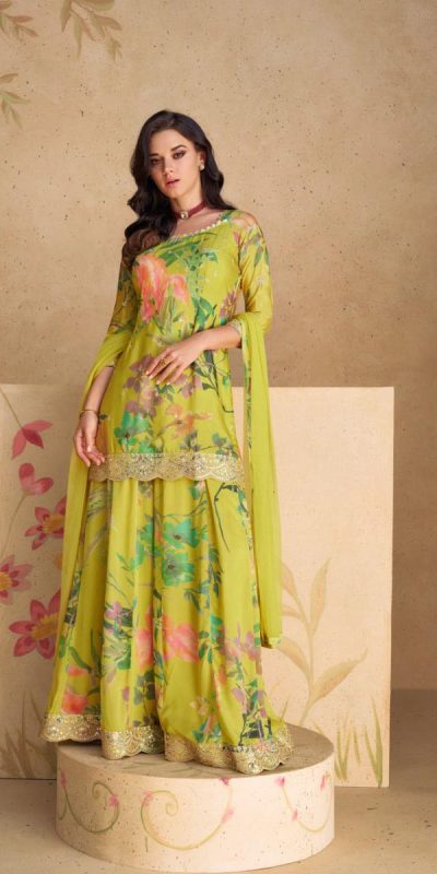 Patchy Perrot Green Color chinon Print Silk with Dall US Crepe Sharara Suit