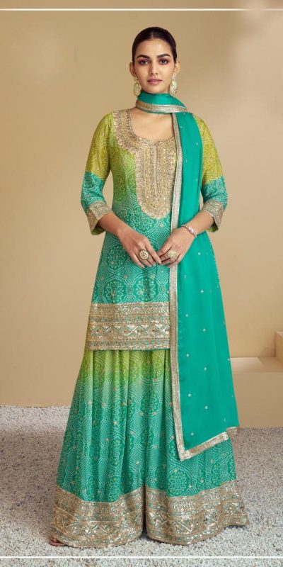 Perfect Firozi Color Chinon Digital Print With Mat Sequence Sharara Suit
