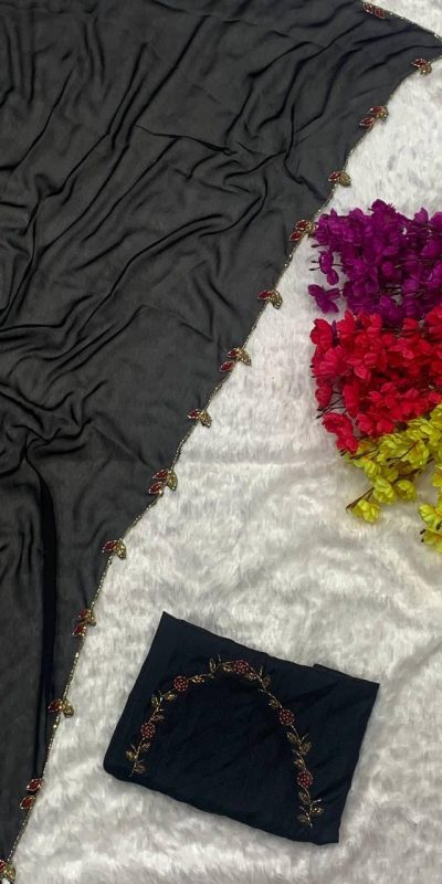 Perfects Black Color Rangoli Silk Handwork And Cutwork With Pearl Saree