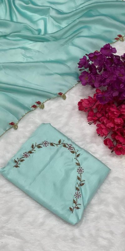 Perfects Sky Blue Color Rangoli Silk Handwork And Cutwork With Pearl Saree