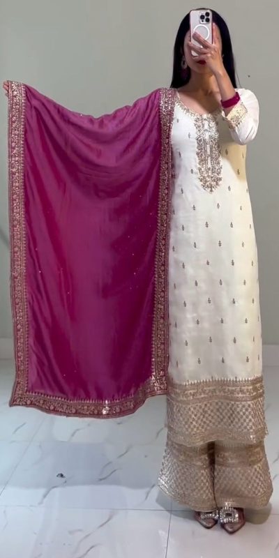 Prefect White Color Chinnon Silk With Heavy Embroidery Sequence Work Salwar Suit