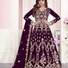 Maroon Net With Chain Stich Stone Work Anarkali Gown