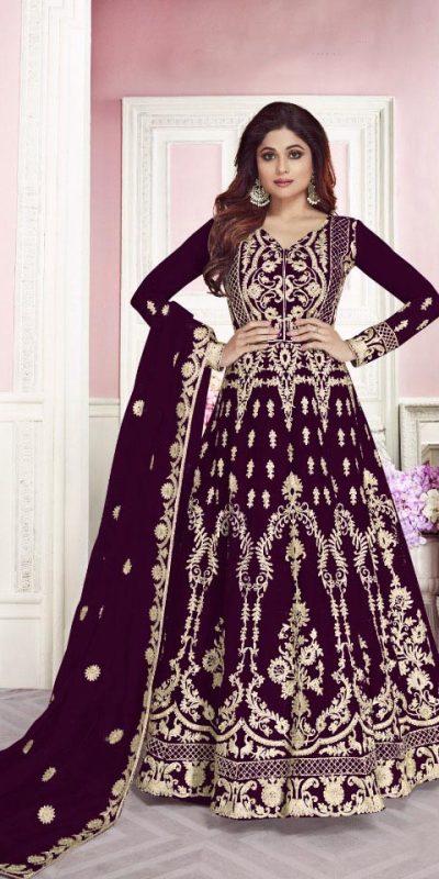 Stunning Maroon Color Net With Chain Stich Stone Work Anarkali Gown