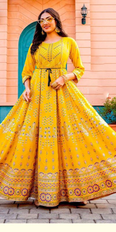 Stunning Yellow Color Rayon Print Embroidery Work Long Anarkali Gown