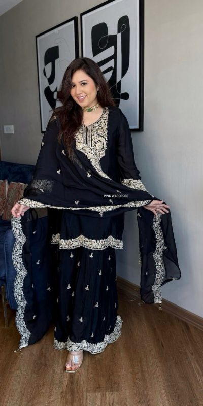 Superb Black Color Pure Chinnon Silk With Embroidery Coding Dori-Sequence Salwar Suit