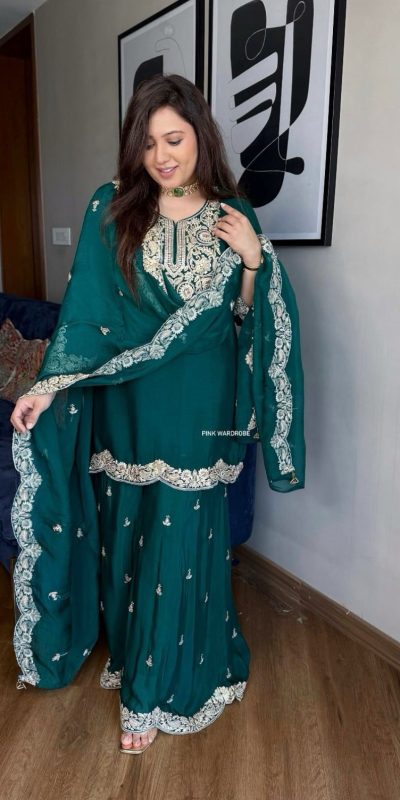 Superb Green Color Pure Chinnon Silk With Embroidery Coding Dori-Sequence Salwar Suit