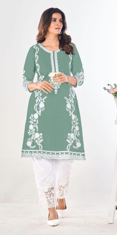 Superb Pista Green Color Georgette and Heavy Embroidery work Kurti With Pant
