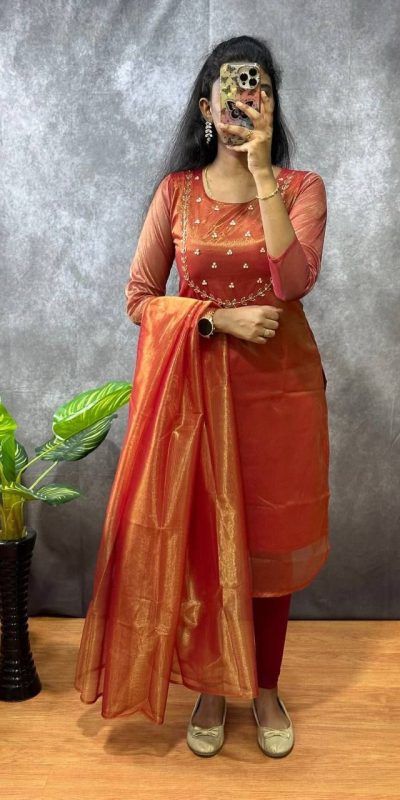 Superb Red Color Heavy Twill Golden Shining Fabric Kurti