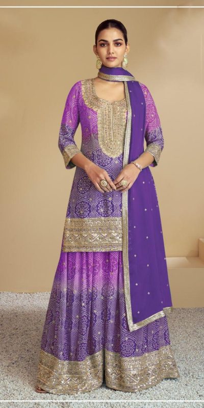 Warm Violte Color Chinon Digital Print With Mat Sequence Sharara Suit