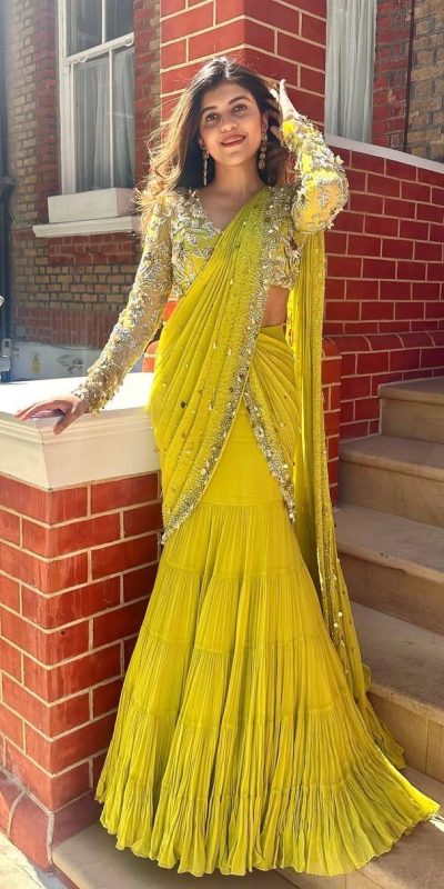 Pretty Yellow Color Foix Georgette Sequence With Coin Lace Border Lehenga Saree