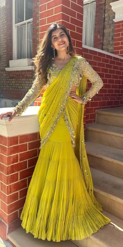 Pretty Yellow Color Foix Georgette Sequence With Coin Lace Border Lehenga Saree