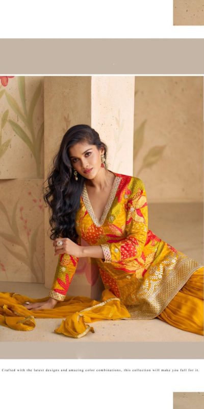 Pretty Yellow Color Chinon Printed Embroidery Work Sharara Suit