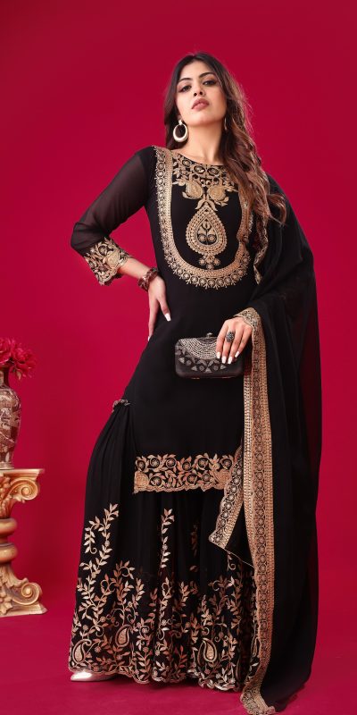 Amazing Black Color Faux Georgette With Embroidery Sequence Thread Work Salwar Suit
