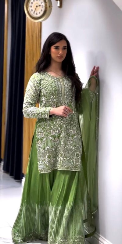 Green Chinnon Silk Embroidery Sequence With Moti Work Salwar Suit
