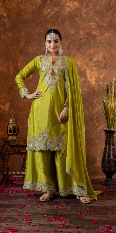 Amazing Green Color Chinon Silk Embroidery 3mm Sequence Coding Dori Work Salwar Suit