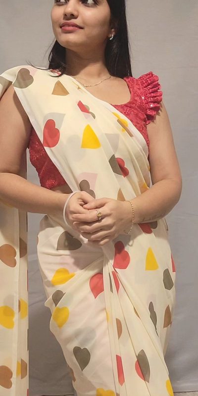 Half White Soft Georgette Silk Digital Print Heart Design Saree