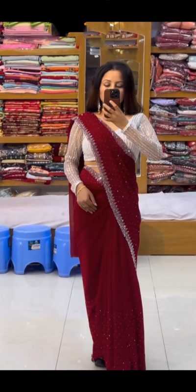Amazing Marron Georgette Hot Fix Stone Work Saree