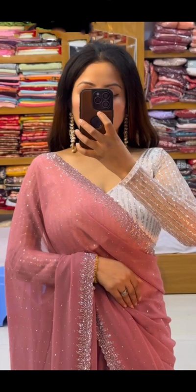 Amazing Onion Color Georgette Hot Fix Stone Work Saree