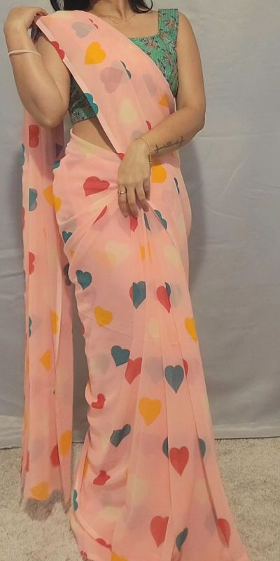 Peach Soft Georgette Silk Digital Print Heart Design Saree