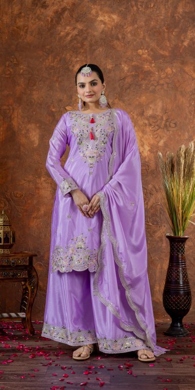 Amazing Purple Color Chinon Silk Embroidery 3mm Sequence Coding Dori Work Salwar Suit