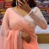 Amazing Peach Georgette Hot Fix Stone Work Saree