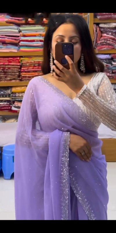 Amazing Purple Georgette Hot Fix Stone Work Saree
