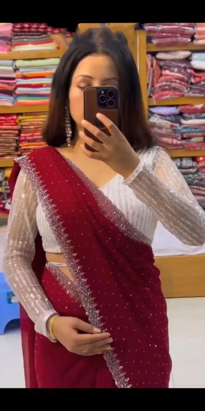 Amazing Red Georgette Hot Fix Stone Work Saree