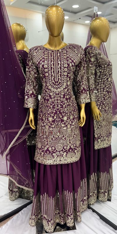 Wine Chinnon Silk Embroidery Sequence With Moti Work Salwar Suit