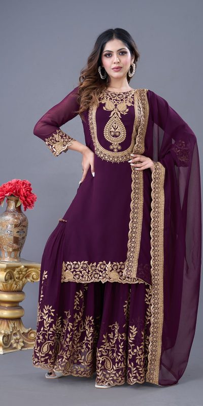 Amazing Wine Color Faux Georgette With Embroidery Sequence Thread Work Salwar Suit