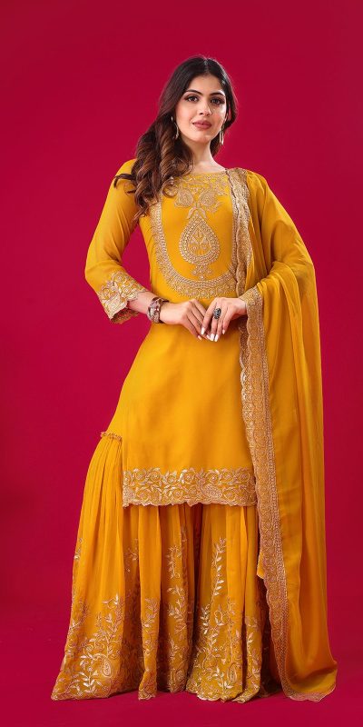 Amazing Yellow Color Faux Georgette With Embroidery Sequence Thread Work Salwar Suit