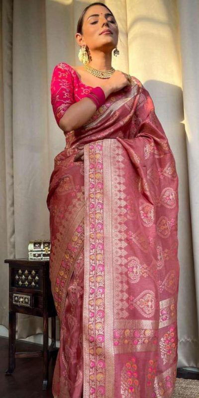 Attractive Peach Color Soft Lichi Silk Kubera Pattu On All Over Saree