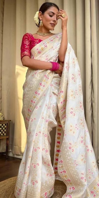 Attractive White Color Soft Lichi Silk Kubera Pattu On All Over Saree