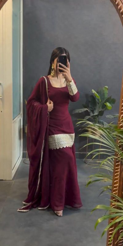 Awesome Marron Color Fox Georgette With Heavy Embroidery Work Salwar Suit