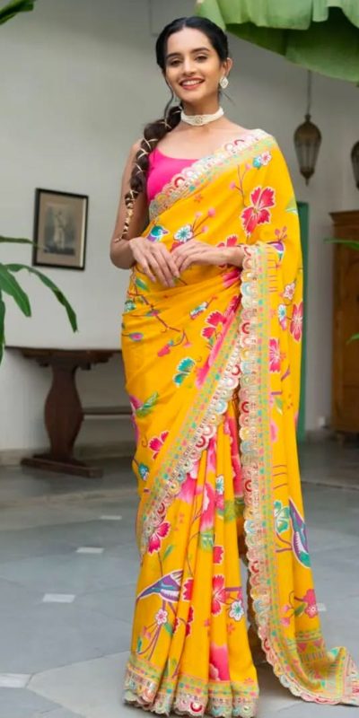 Yellow Chinon Printed Multied Embroidery Coding Sequins Lace Saree