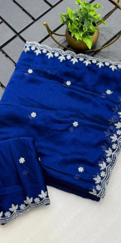 Blue Rangoli Chiffon Embroidery Cut Work Saree