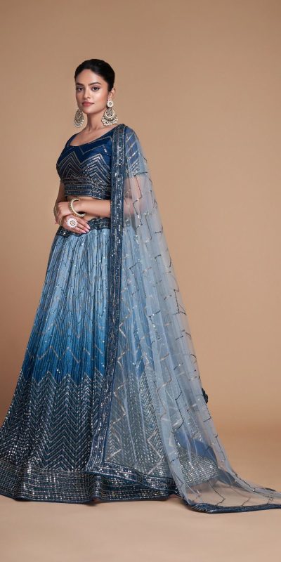 Navy Blue Chinon Embroidery and Sequins Lehenga Choli
