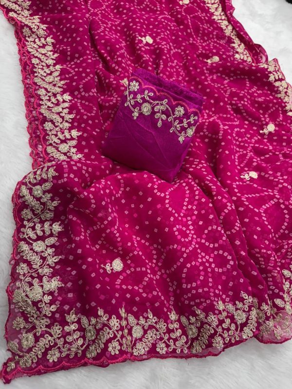 Pink Georgette Bandhni Print Pita Work Embroidery Saree - Image 2