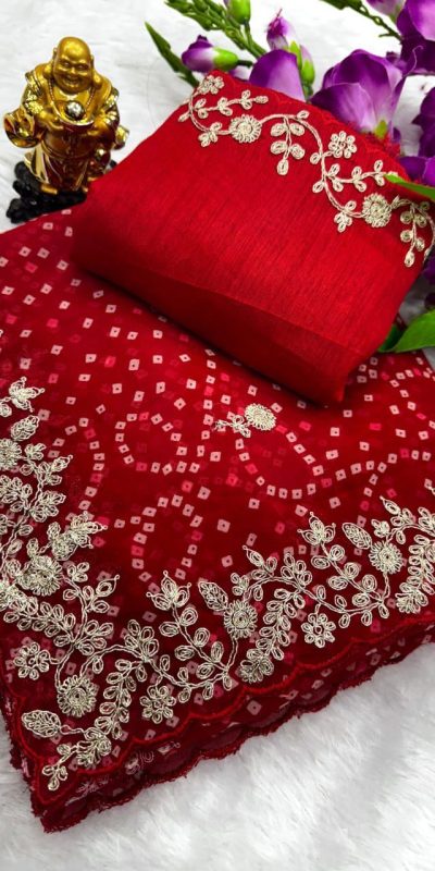 Red Georgette Bandhni Print Pita Work Embroidery Saree