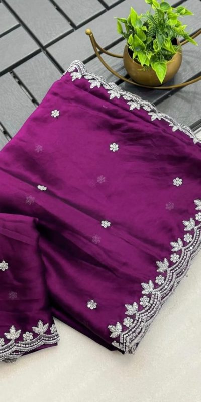 Wine Rangoli Chiffon Embroidery Cut Work Saree