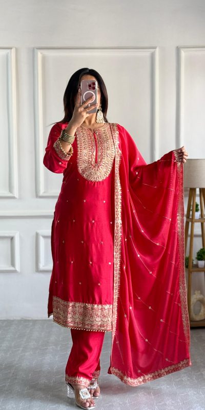 Classic Red Color Cosmo Silk With Heavy Embroidery Sequence Work Salwar Suit