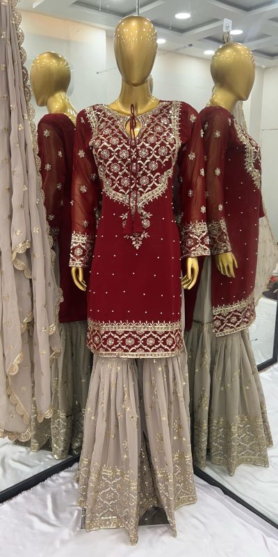 Classic Red Color Faux Georgette With 5mm Embroidery Sequence Thread Work Salwar Suit